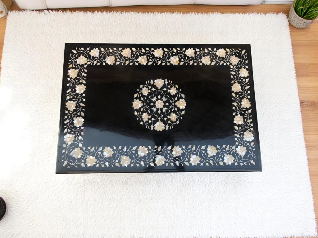 Restaurant Dining Room Table in Black Marble Inlay Pietra Dura Stone 